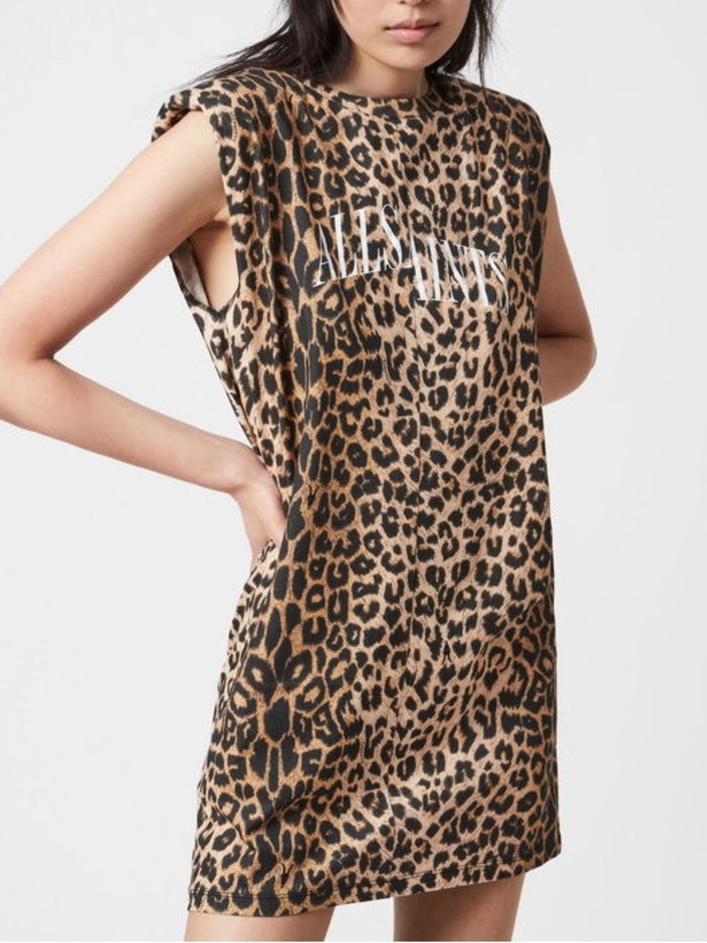 All Saints Coni Dropout Organic Cotton Dress Leopard Animal Print Brown Black